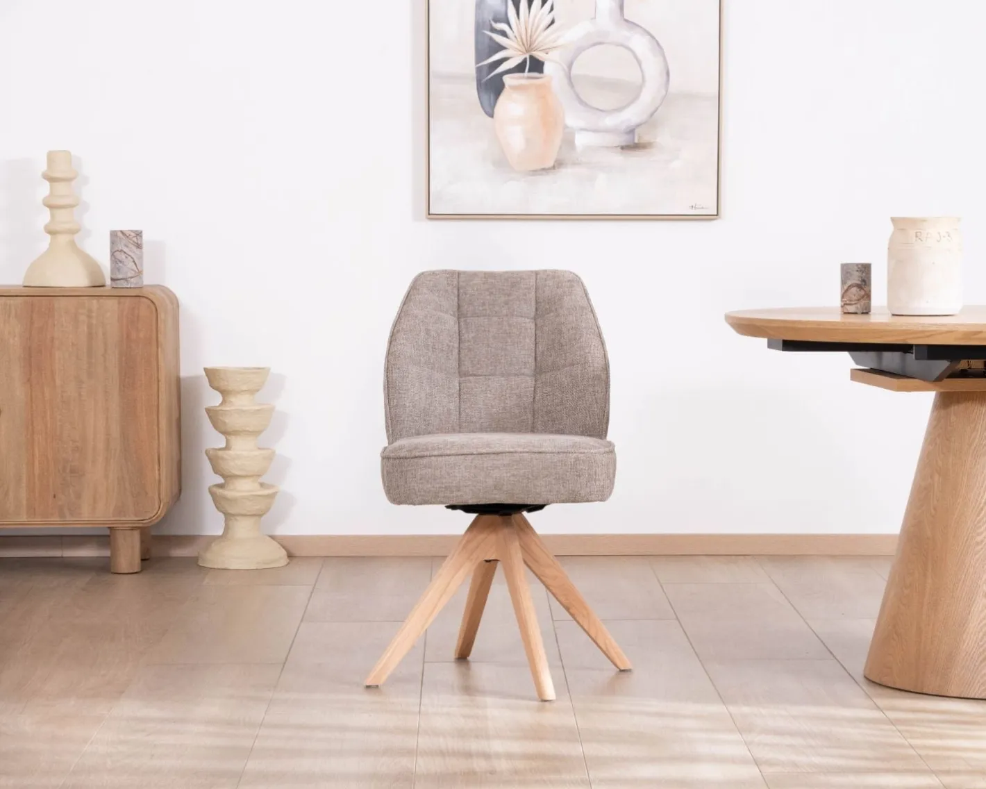 Online Chaise de repas esprit scandinave "Miloé" tissu chenillé gris et pieds bois 360° Chaise