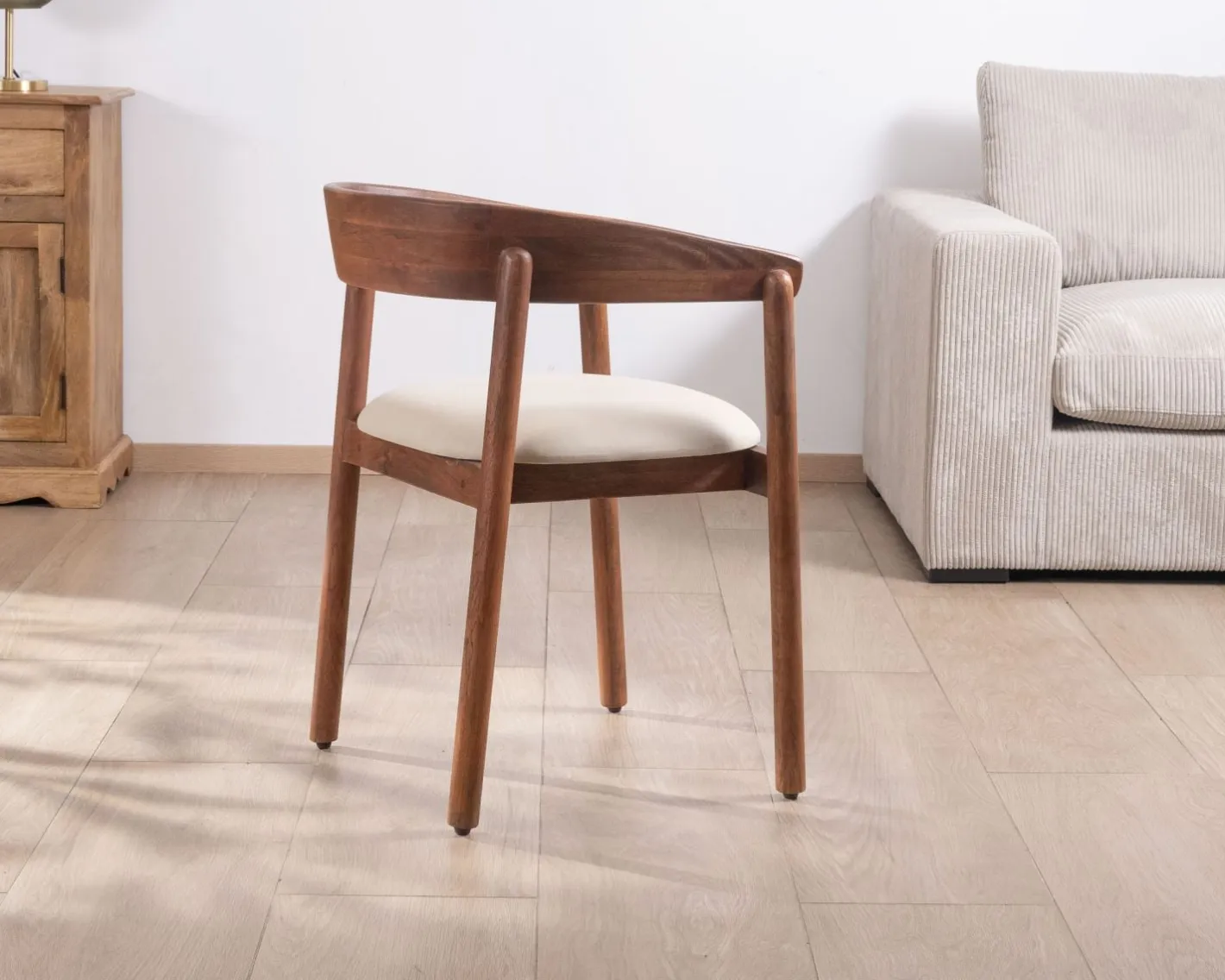 Clearance Chaise de repas style rétro "Polo" en manguier et assise tissu blanc Chaise
