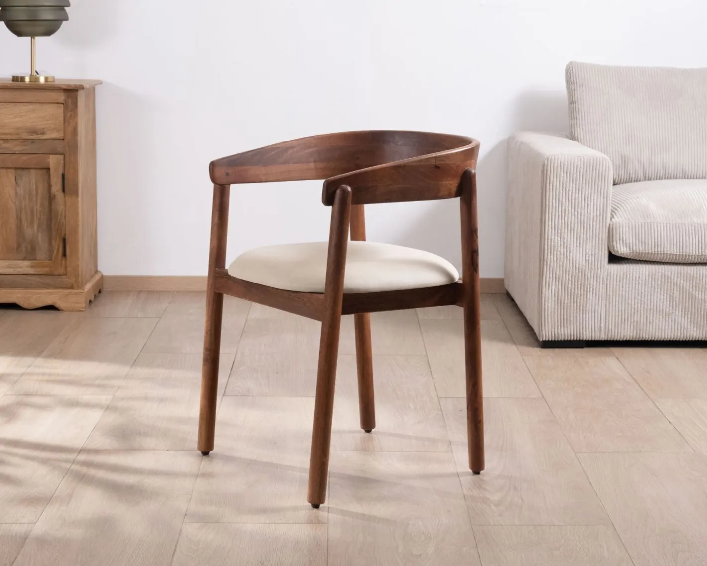 Clearance Chaise de repas style rétro "Polo" en manguier et assise tissu blanc Chaise