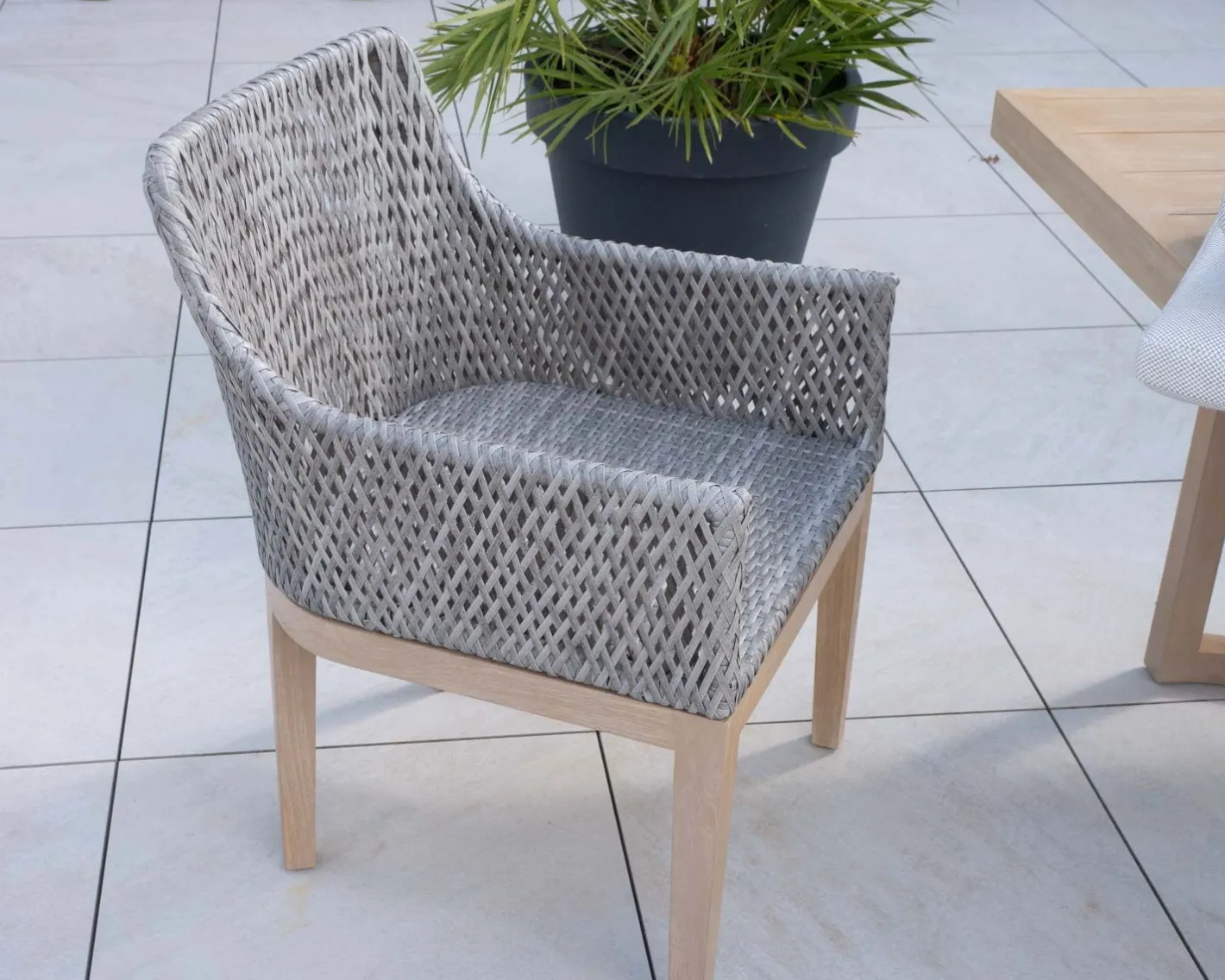 Clearance Chaise d'extérieur haut de gamme tressée en teck et textile chiné "Porticcio" Chaise