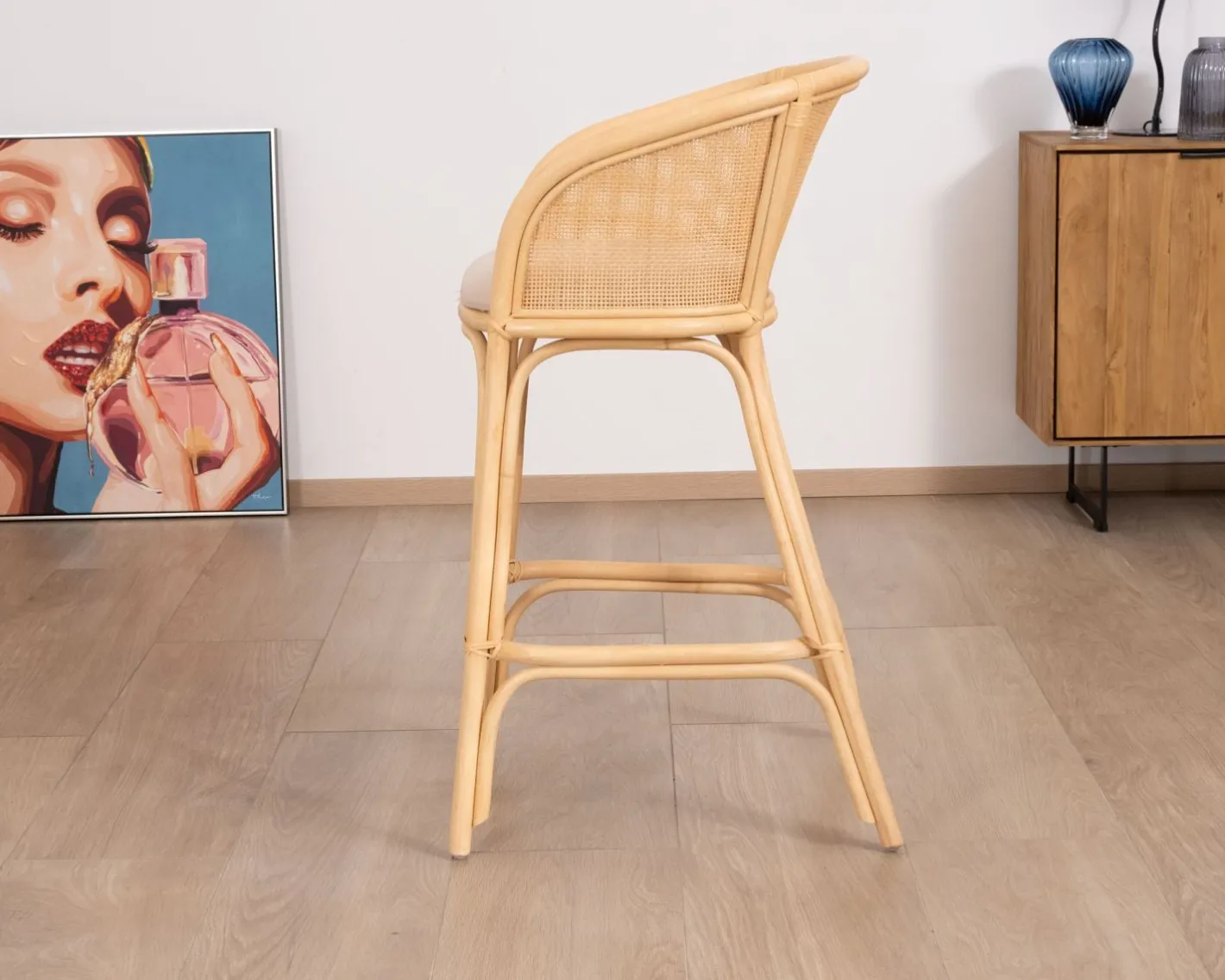 Clearance Chaise haute en rotin style ethnique chic "Noho" avec assise en tissu beige Chaise De Bar|Tabouret De Bar