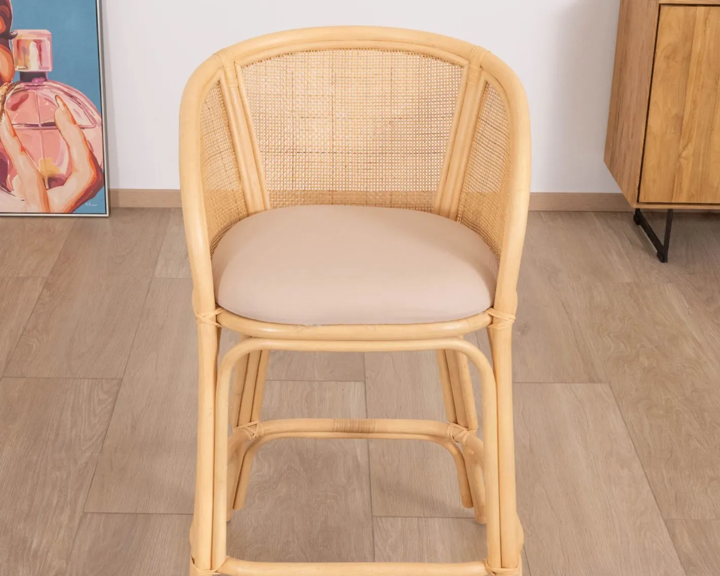Clearance Chaise haute en rotin style ethnique chic "Noho" avec assise en tissu beige Chaise De Bar|Tabouret De Bar