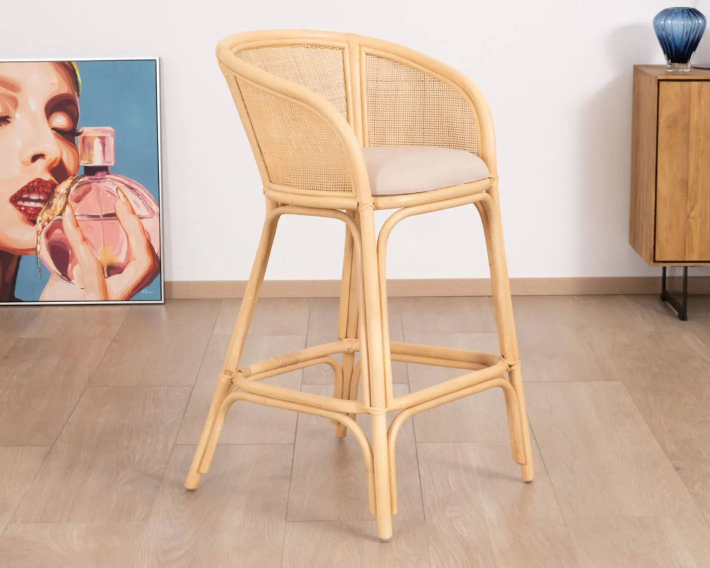 Clearance Chaise haute en rotin style ethnique chic "Noho" avec assise en tissu beige Chaise De Bar|Tabouret De Bar