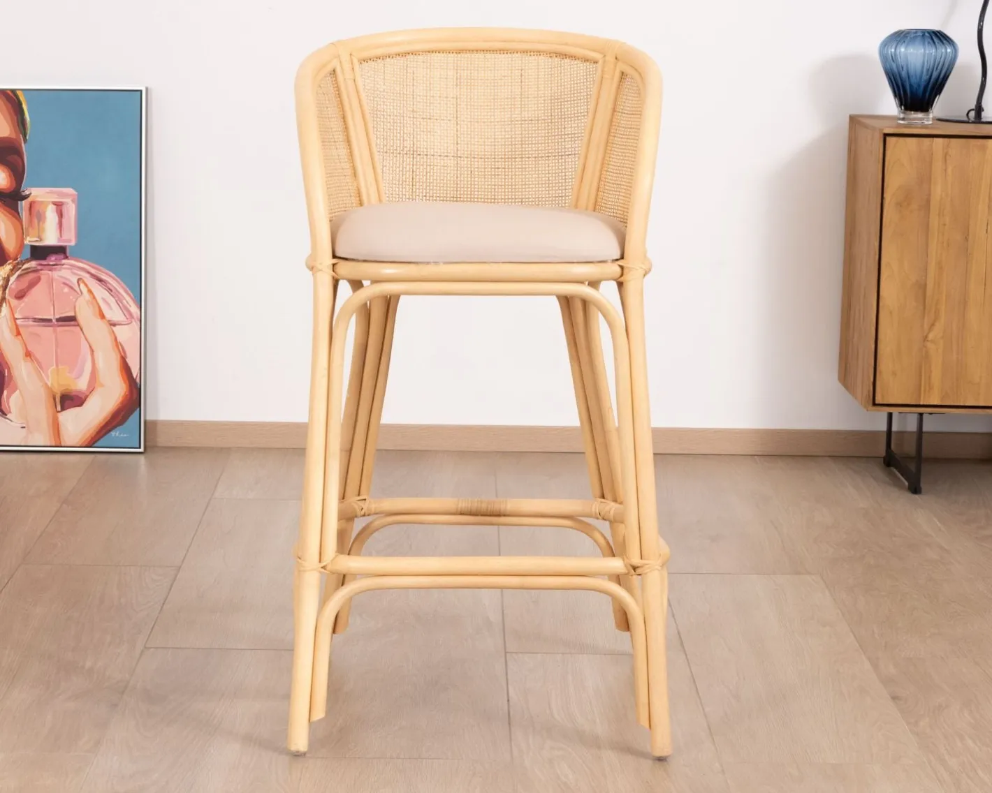Clearance Chaise haute en rotin style ethnique chic "Noho" avec assise en tissu beige Chaise De Bar|Tabouret De Bar
