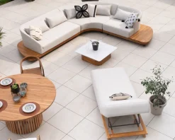Best Chaise longue luxueuse teck et tissu écru sans surpiqure
