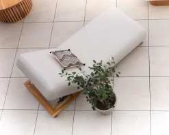 Best Chaise longue luxueuse teck et tissu écru sans surpiqure