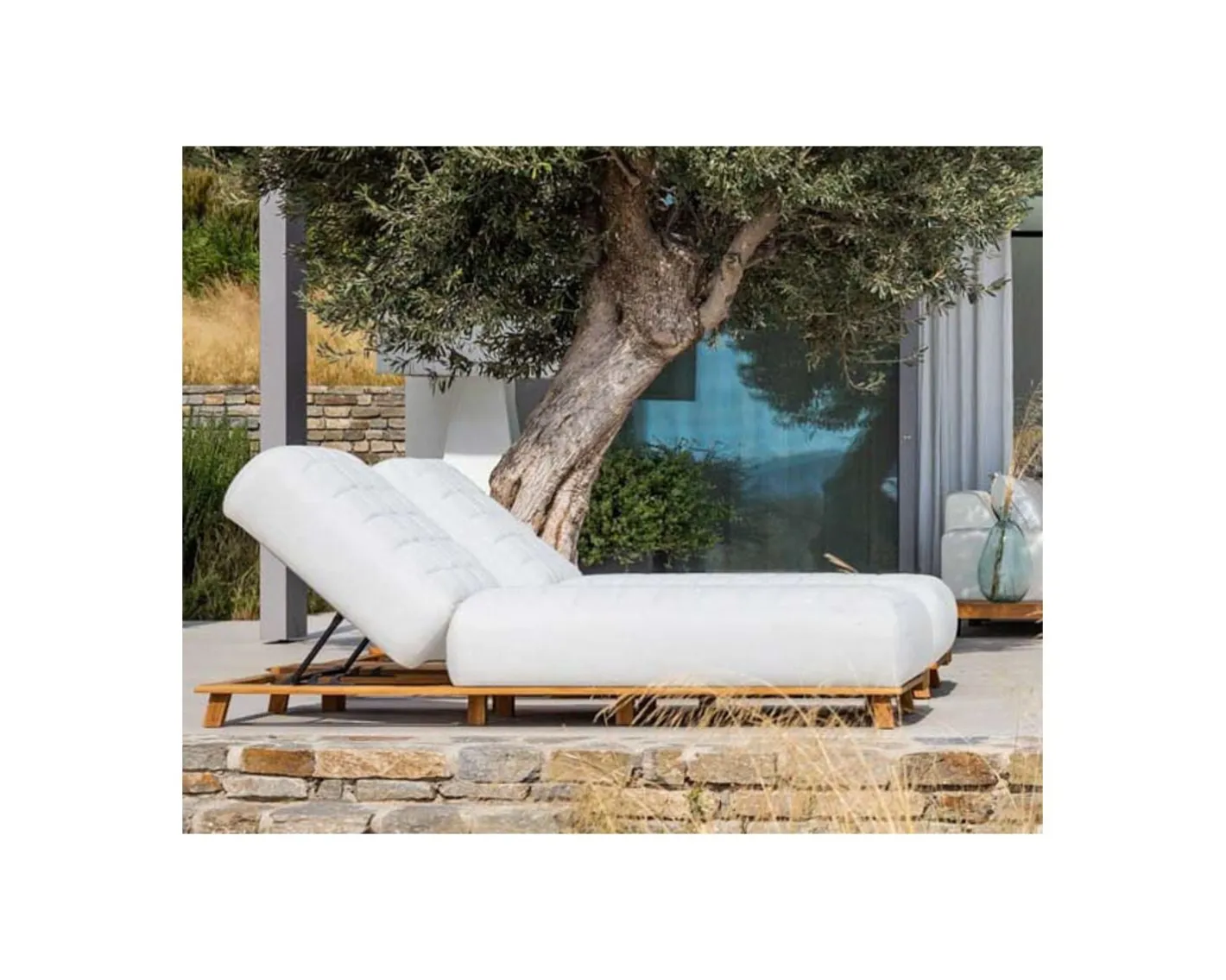 Sale Chaise longue ultra confort teck tissu Sunbrella blanc cassé "Lombok" Bain De Soleil