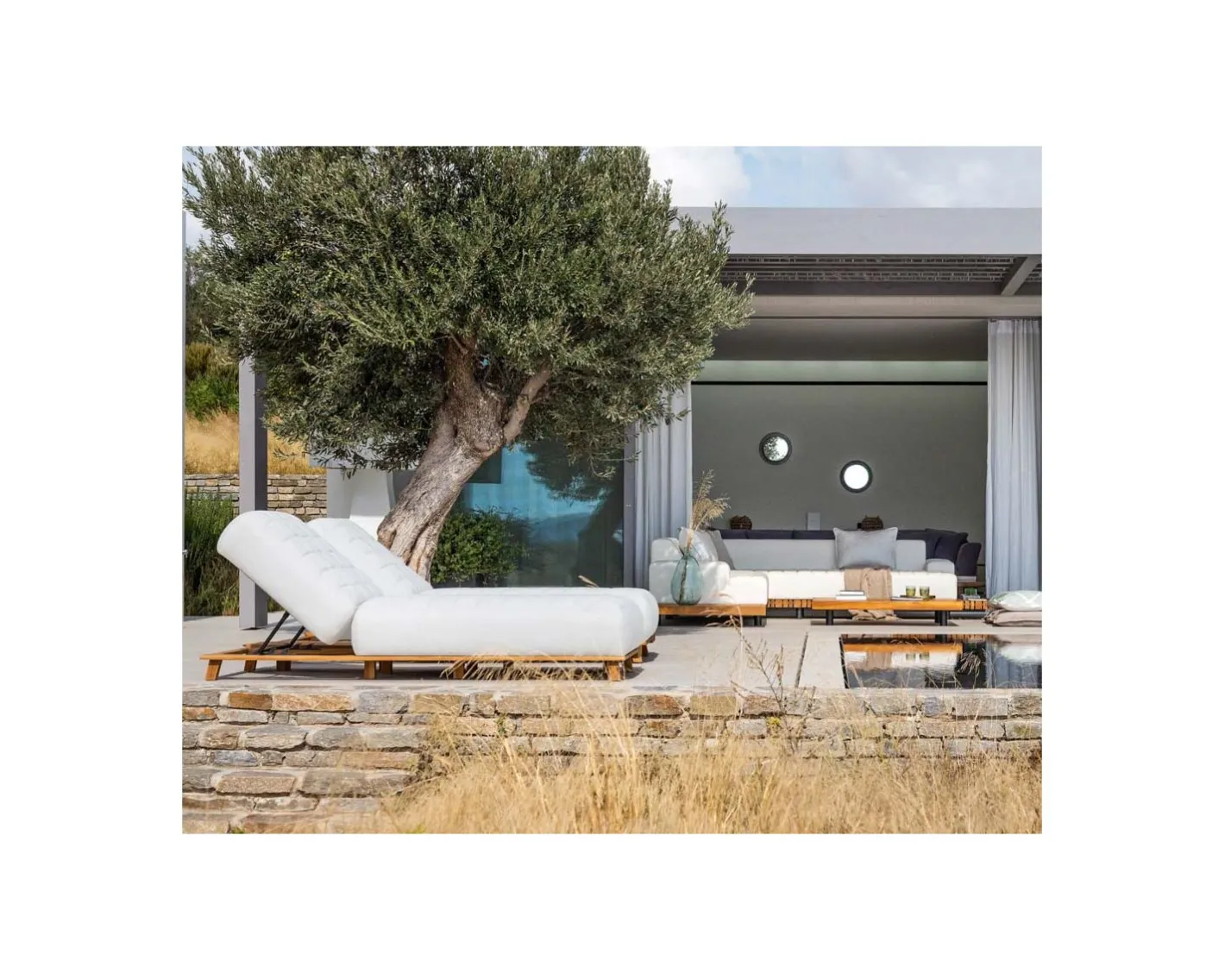 Sale Chaise longue ultra confort teck tissu Sunbrella blanc cassé "Lombok" Bain De Soleil