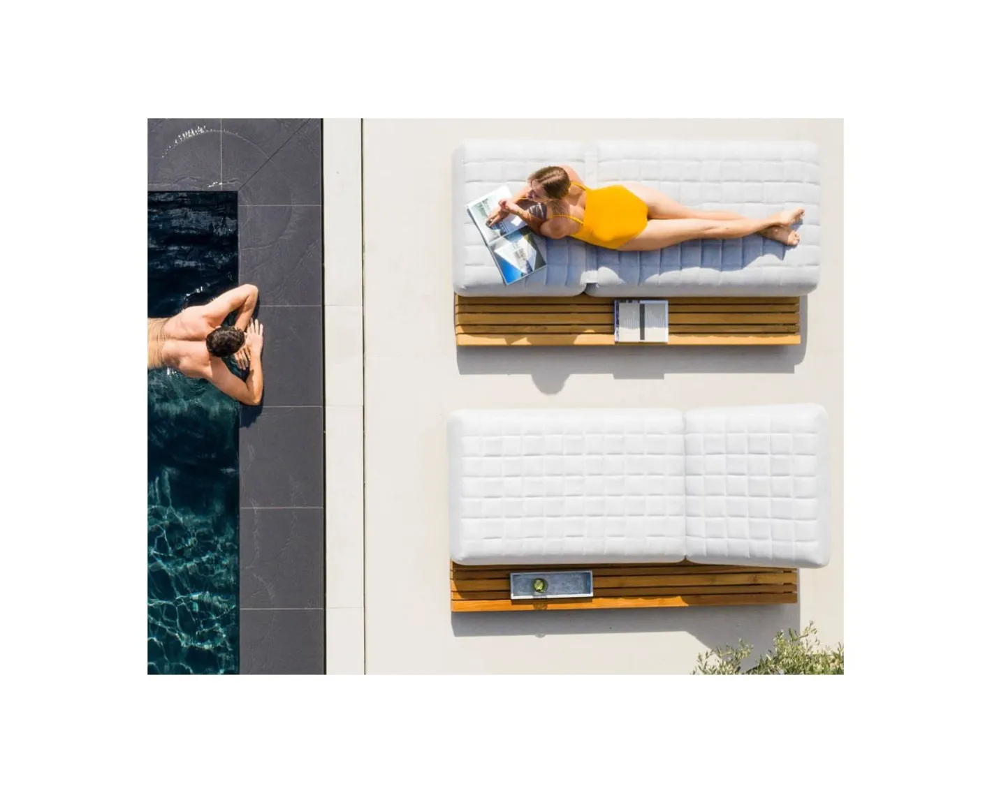 Sale Chaise longue ultra confort teck tissu Sunbrella blanc cassé "Lombok" Bain De Soleil
