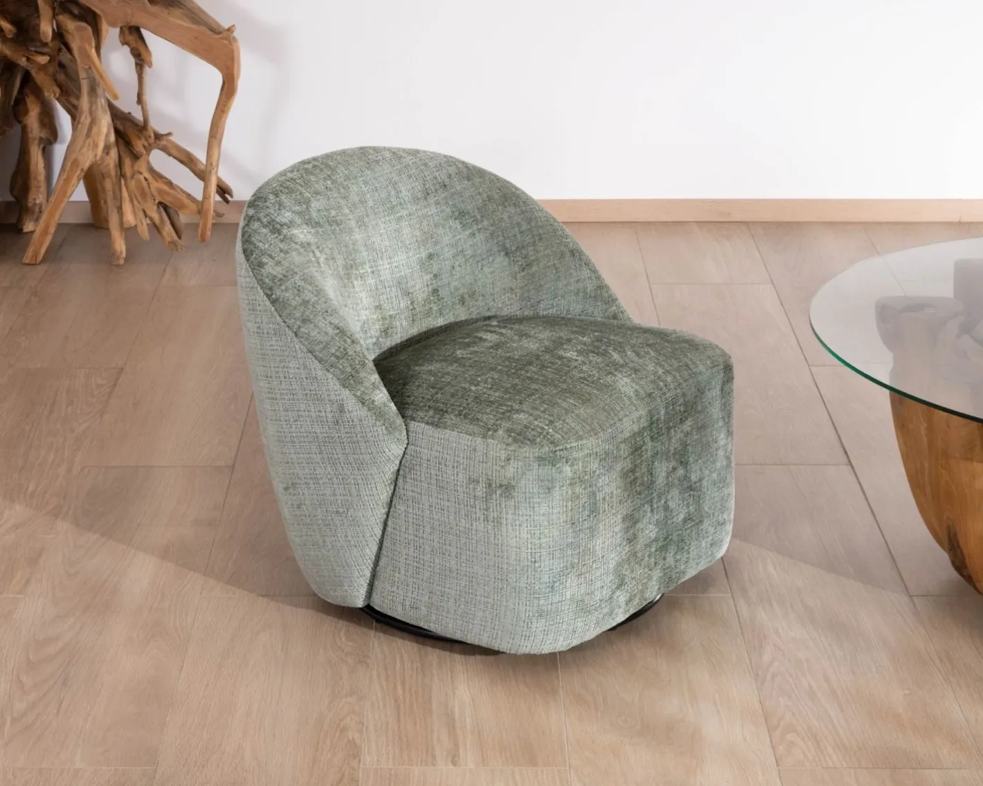 Clearance Chauffeuse pivotante en tissu bouclette soyeux vert sauge "Marylin" Fauteuil