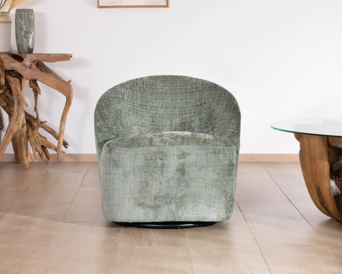 Clearance Chauffeuse pivotante en tissu bouclette soyeux vert sauge "Marylin" Fauteuil