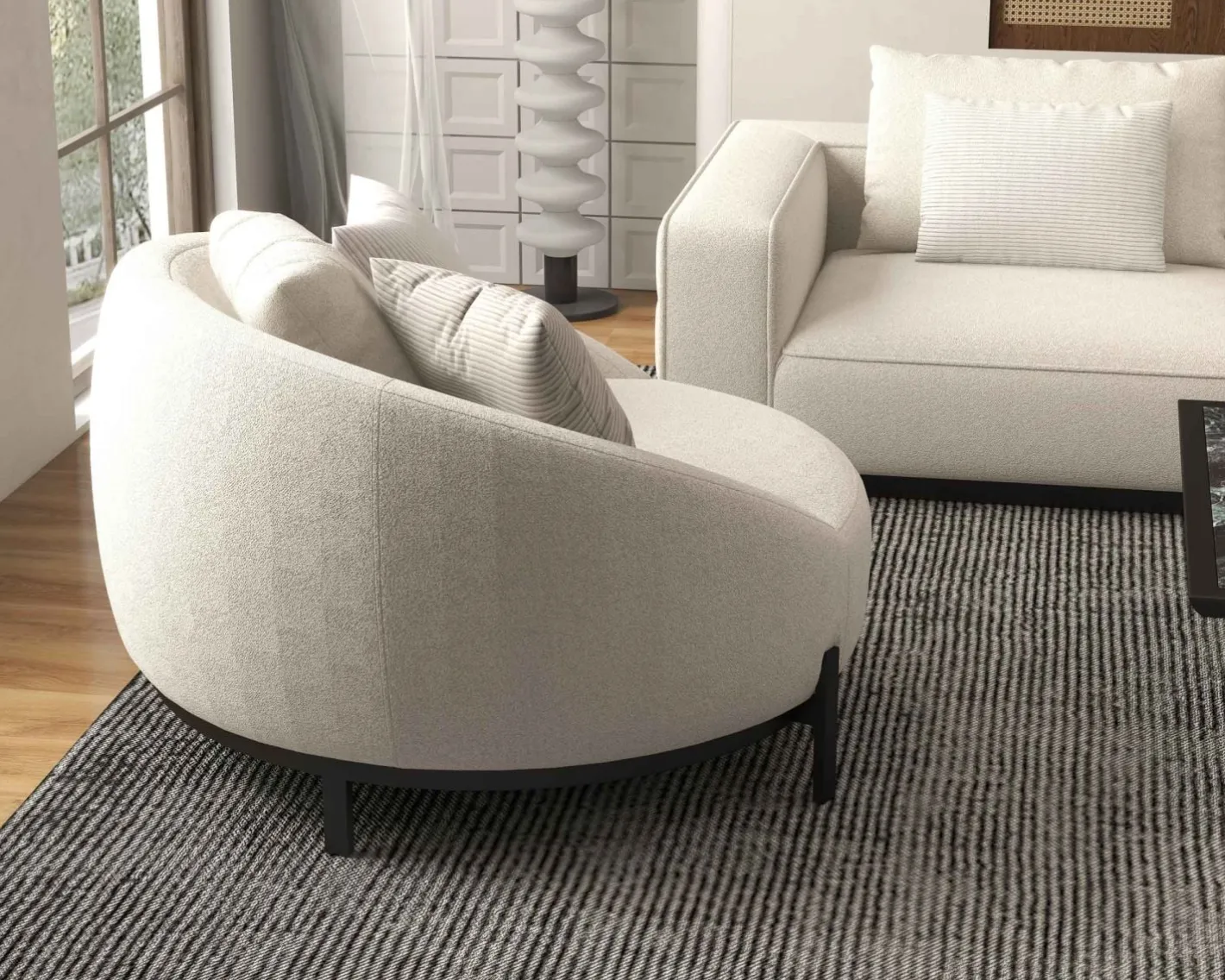 Sale Chauffeuse ronde 120 cm en tissu blanc chiné et coussins velours côtelé "Sweet Culture" Fauteuil