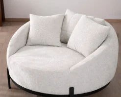Sale Chauffeuse ronde 120 cm en tissu blanc chiné et coussins velours côtelé