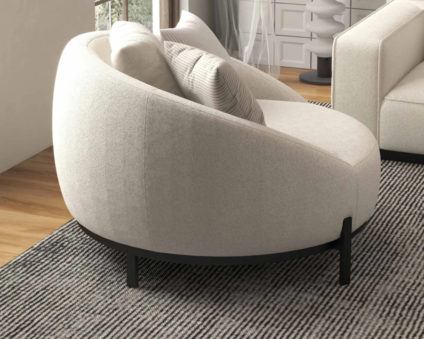 Sale Chauffeuse ronde 120 cm en tissu blanc chiné et coussins velours côtelé "Sweet Culture" Fauteuil