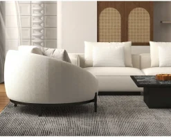 Sale Chauffeuse ronde 120 cm en tissu blanc chiné et coussins velours côtelé
