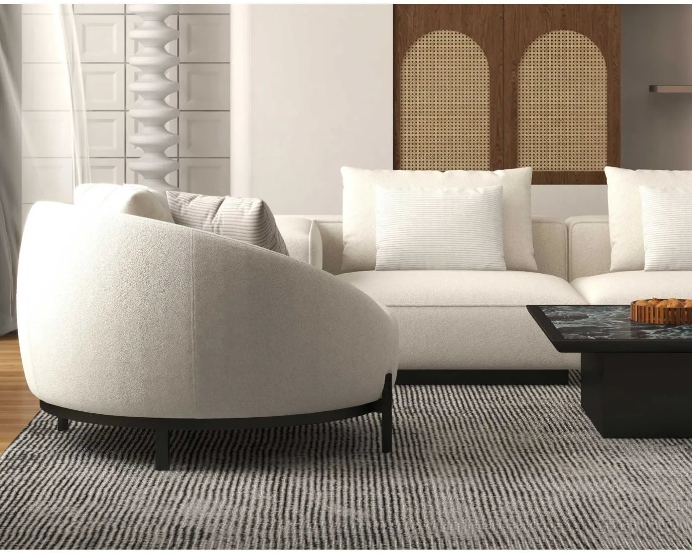 Sale Chauffeuse ronde 120 cm en tissu blanc chiné et coussins velours côtelé "Sweet Culture" Fauteuil