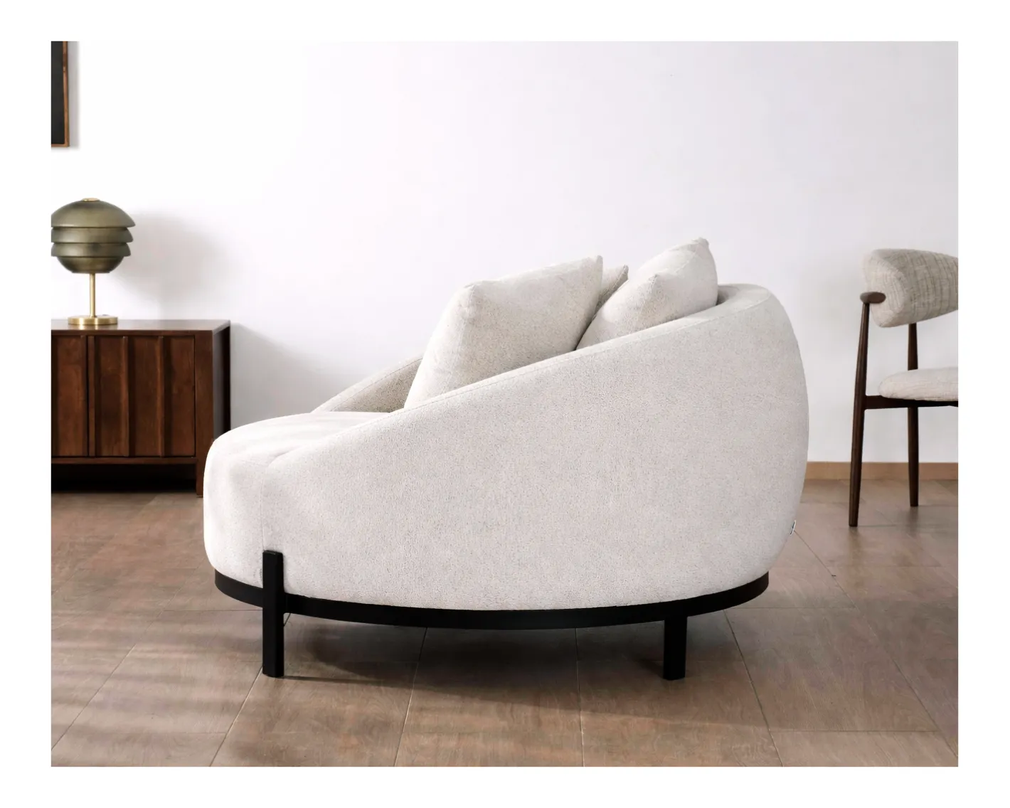 Sale Chauffeuse ronde 120 cm en tissu blanc chiné et coussins velours côtelé "Sweet Culture" Fauteuil