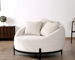 Sale Chauffeuse ronde 120 cm en tissu blanc chiné et coussins velours côtelé