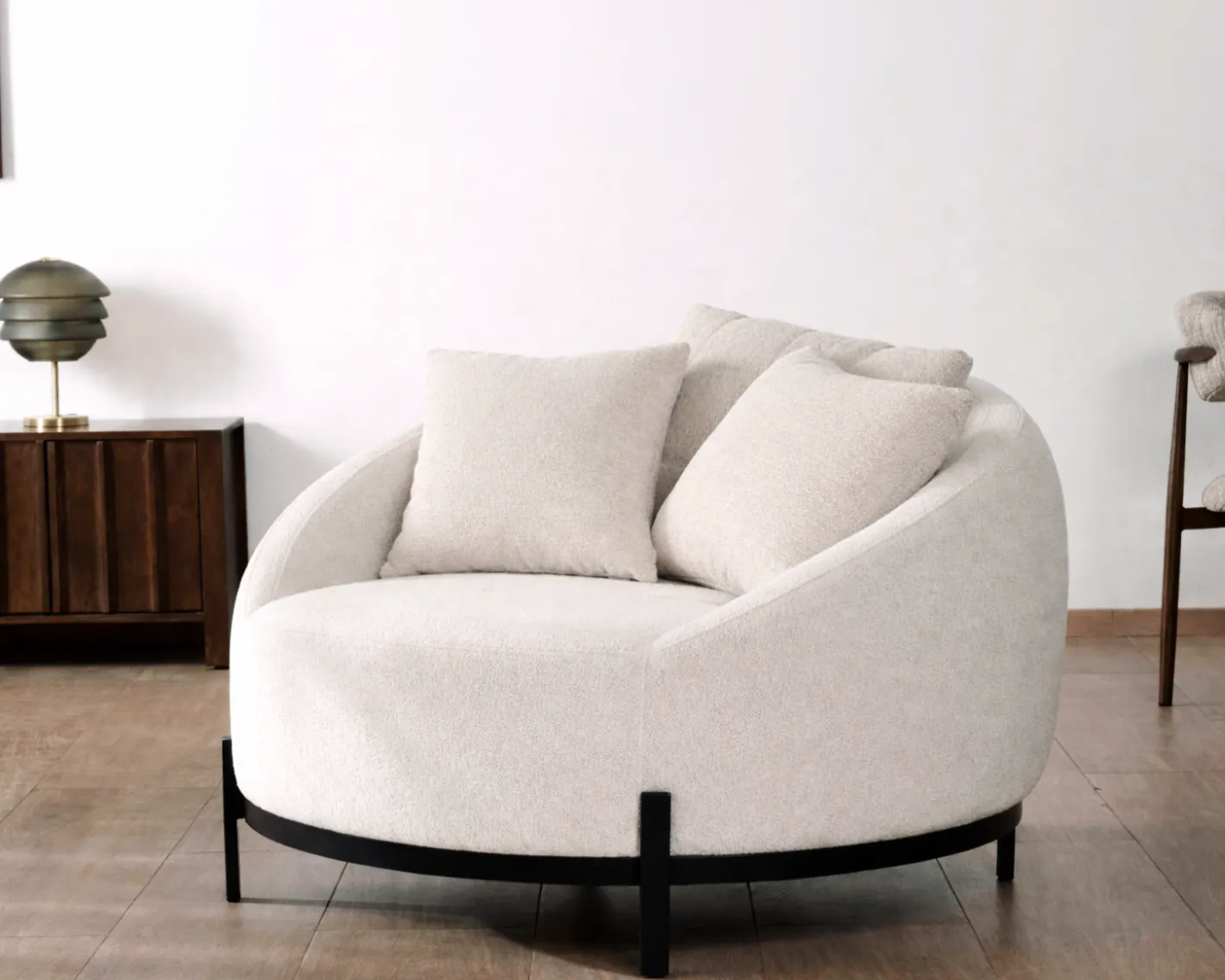 Sale Chauffeuse ronde 120 cm en tissu blanc chiné et coussins velours côtelé "Sweet Culture" Fauteuil
