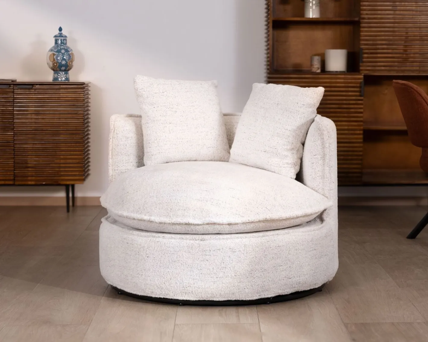 Best Chauffeuse ronde pivotante 360° "CosyPop" en tissu bouclette blanc chiné Fauteuil
