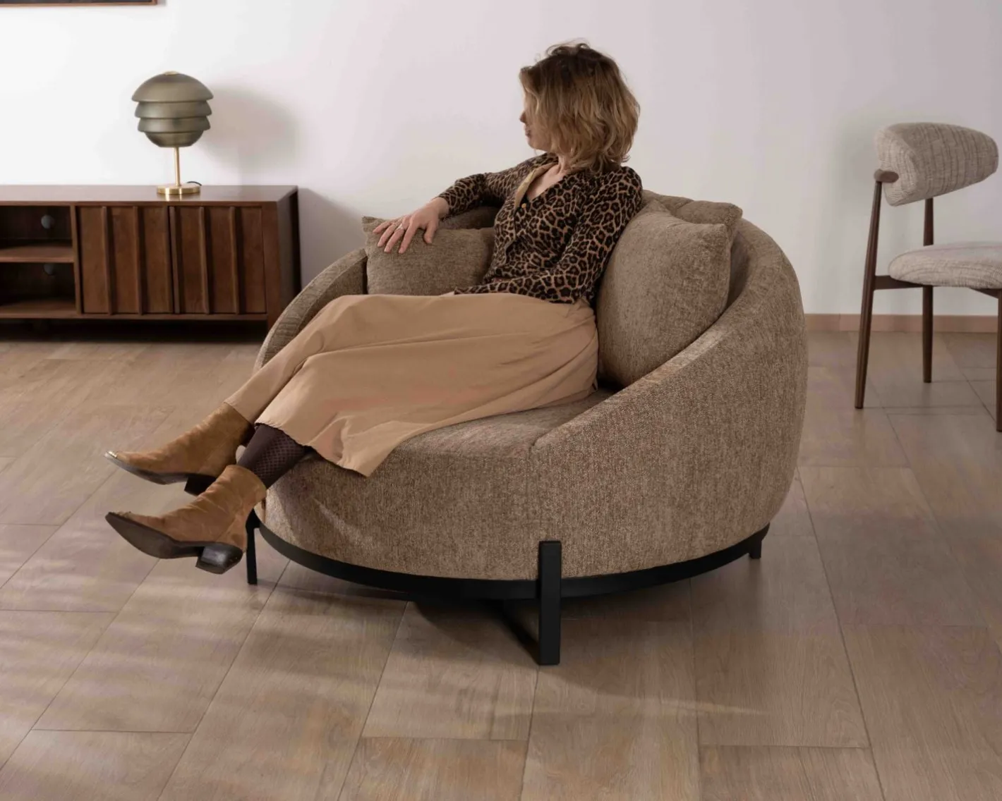 Clearance Chauffeuse XL en tissu bouclette taupe "Sweet Culture" 120 cm ultra confort Fauteuil