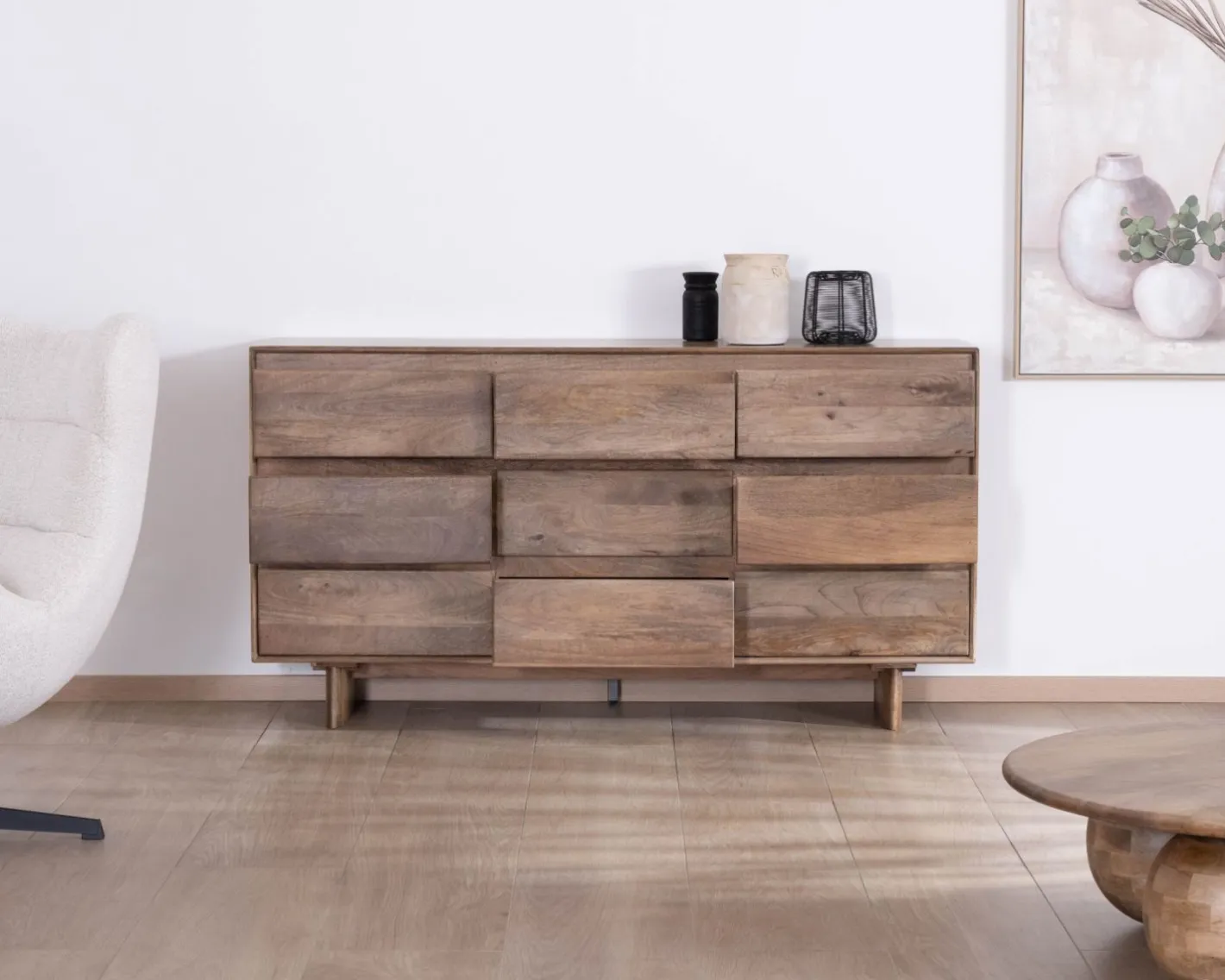 Clearance Commode 9 tiroirs en bois massif de manguier "Geta" Style Japandi Rangement|Commode
