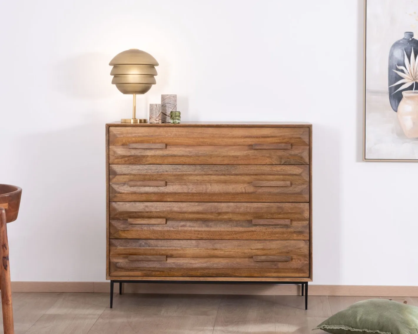 Sale Commode 4 tiroirs grande largeur "Presto" en manguier style rétro Commode
