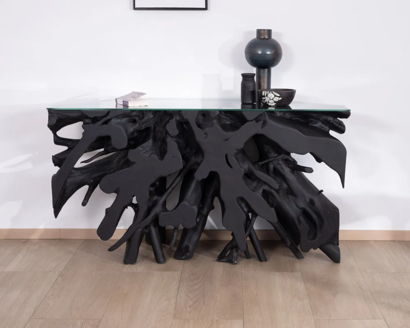 Discount Console 150 cm en racine de teck teintée noir avec plateau verre "Jungle" Console|Console