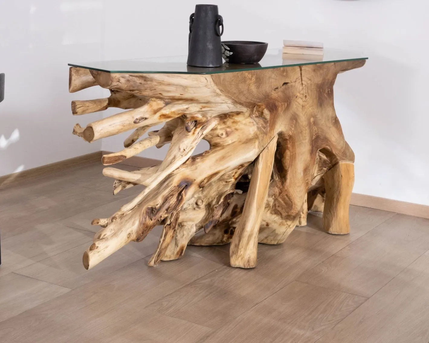 Discount Console en racine de teck naturel avec plateau verre "Jungle" Console|Console