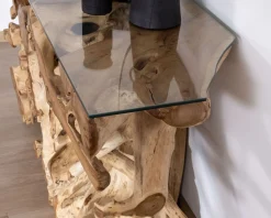 Discount Console en racine de teck naturel avec plateau verre