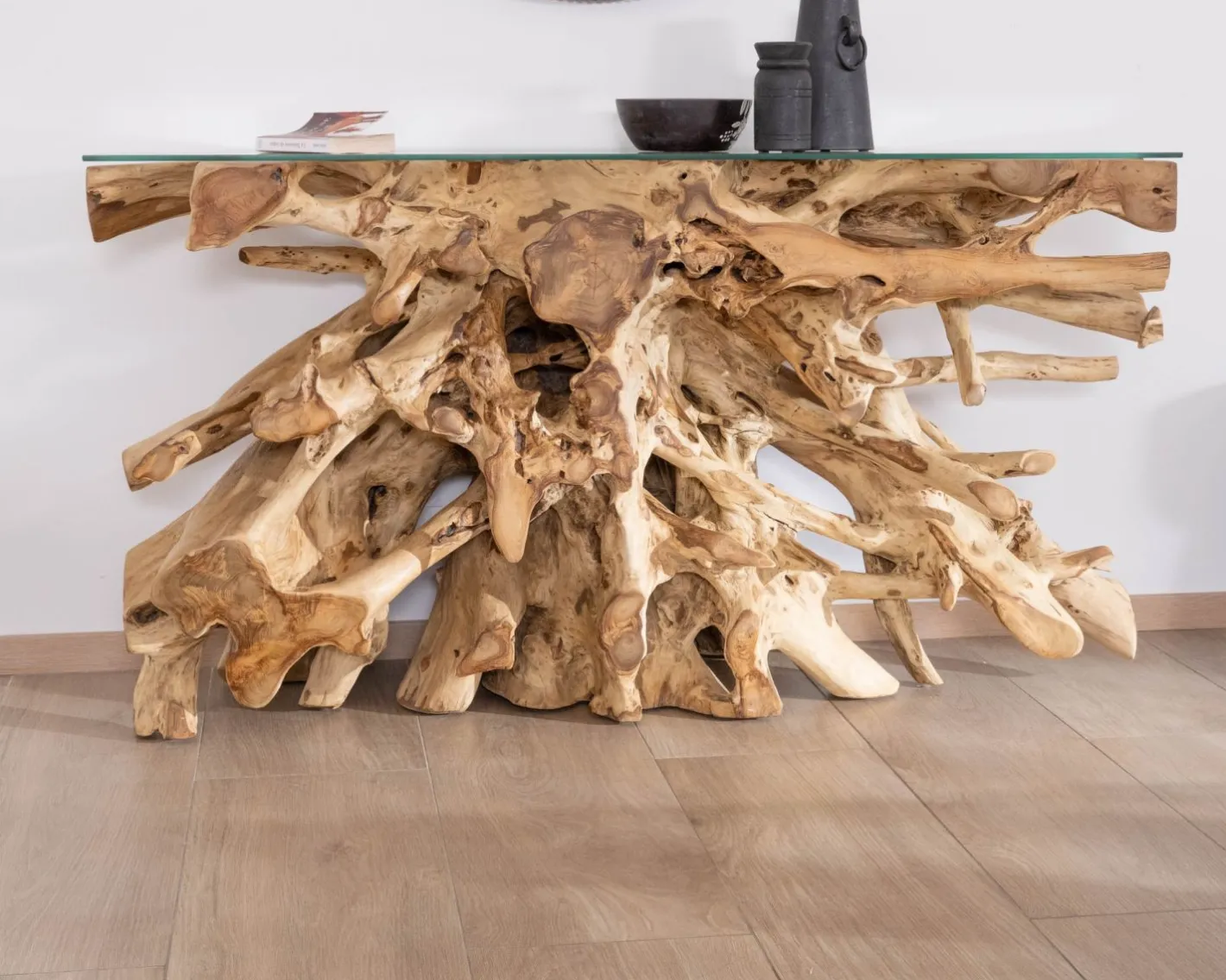 Discount Console en racine de teck naturel avec plateau verre "Jungle" Console|Console