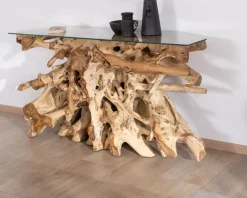 Discount Console en racine de teck naturel avec plateau verre
