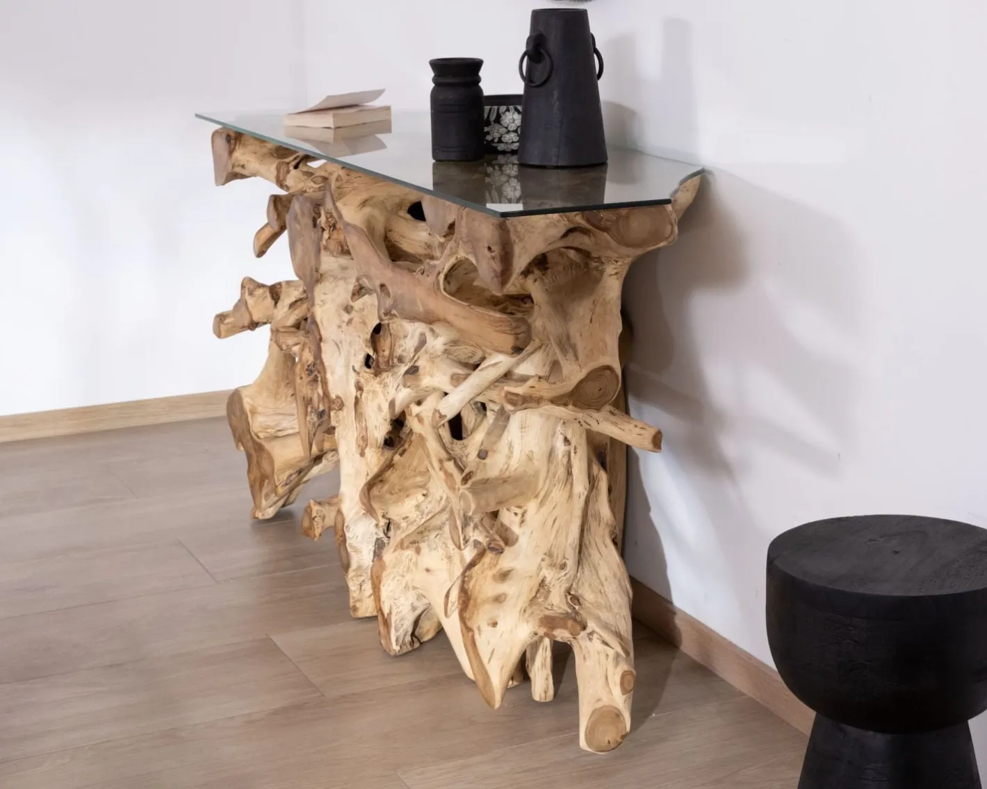 Discount Console en racine de teck naturel avec plateau verre "Jungle" Console|Console