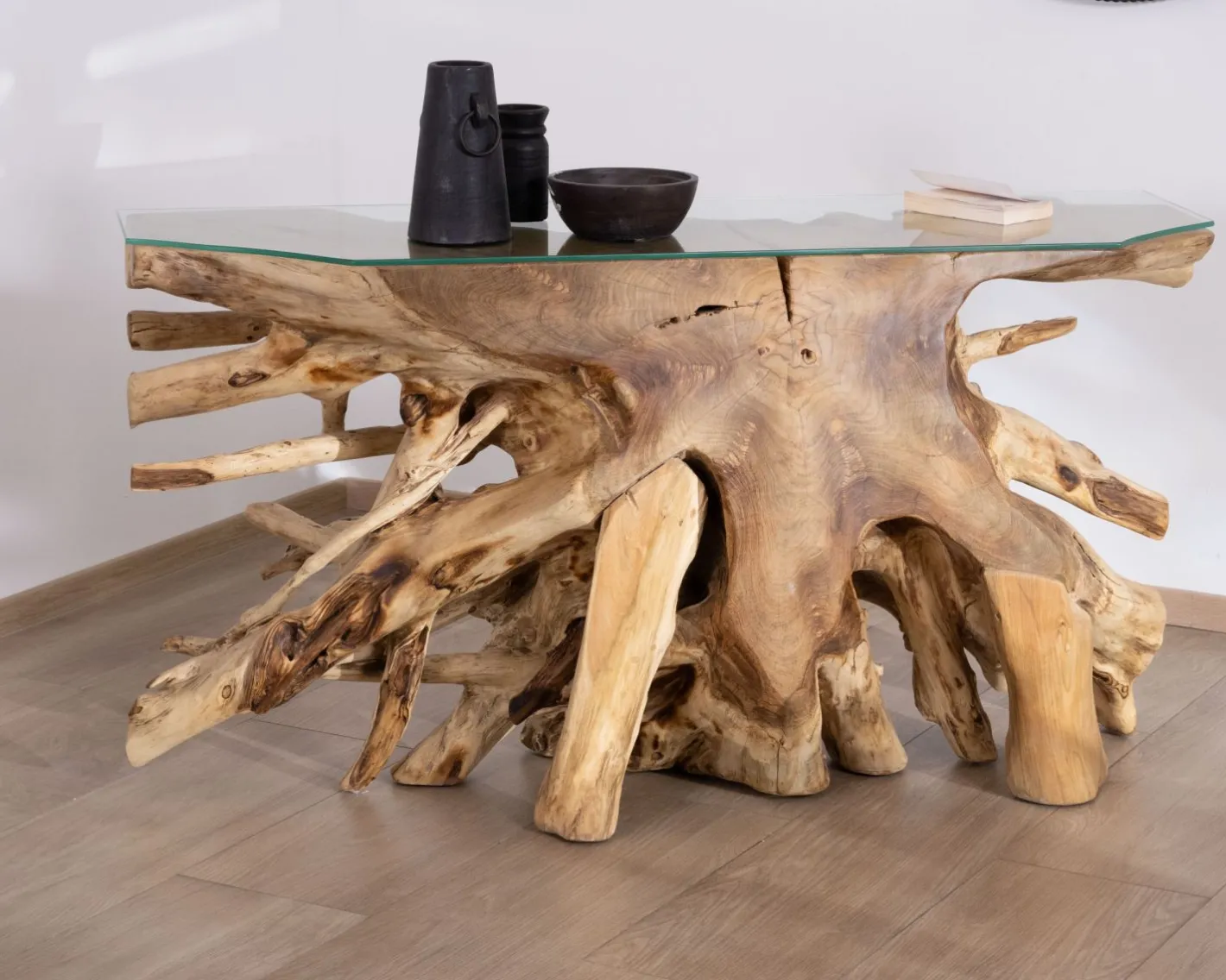 Discount Console en racine de teck naturel avec plateau verre "Jungle" Console|Console