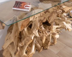 Discount Console en racine de teck naturel avec plateau verre
