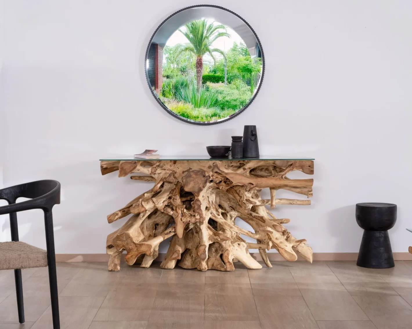 Discount Console en racine de teck naturel avec plateau verre "Jungle" Console|Console