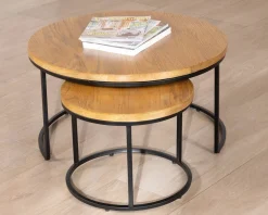 Clearance Duo de tables basses gigognes "Calypso" en métal et plateaux en bois Table D'Appoint|Table Basse Ovale Ou Ronde