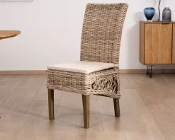 New Elégante chaise de repas en rotin tressé avec galette d'assise en tissu
