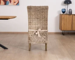 New Elégante chaise de repas en rotin tressé avec galette d'assise en tissu