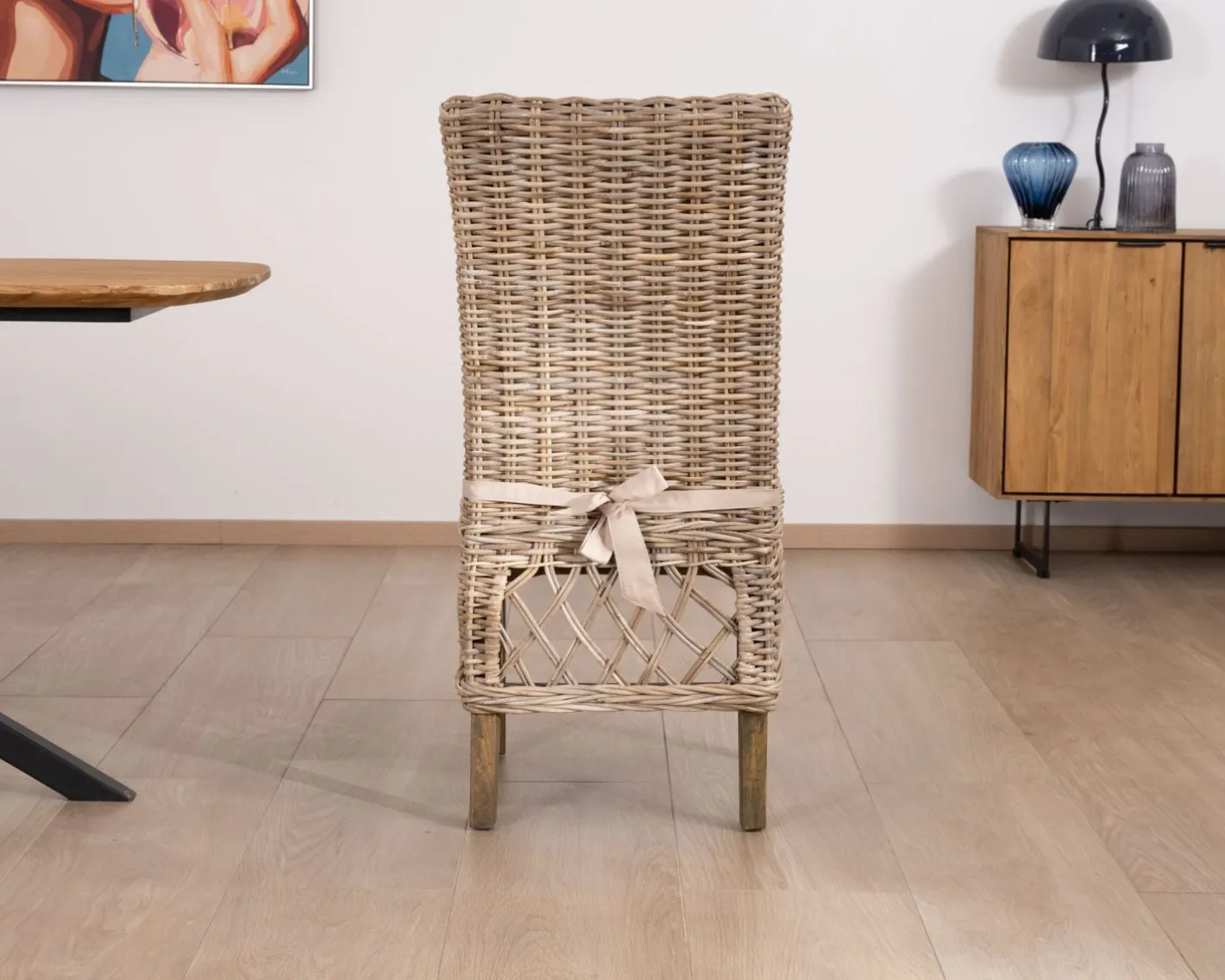 New Elégante chaise de repas en rotin tressé avec galette d'assise en tissu "Noho" Chaise