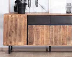 Enfilade 175cm en acacia avec 2 tiroirs et pieds métal noirs 