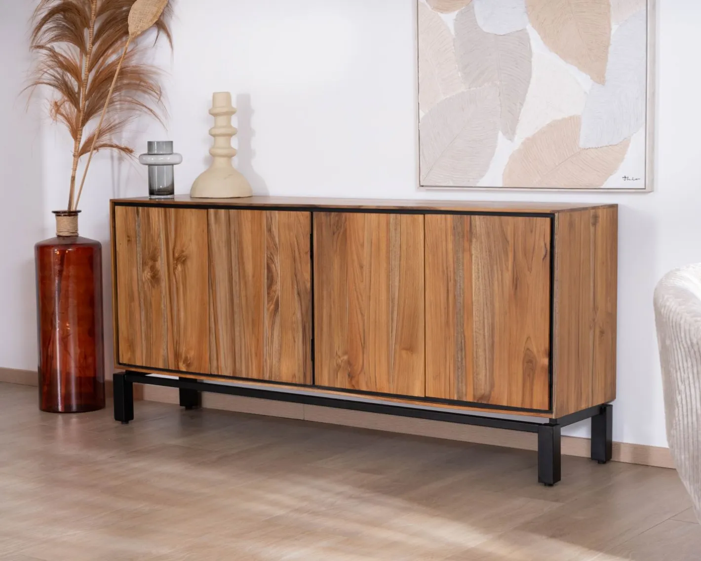 Online Enfilade contemporaine 4 portes en teck naturel et métal noir "Olonie" Buffet Et Bahut