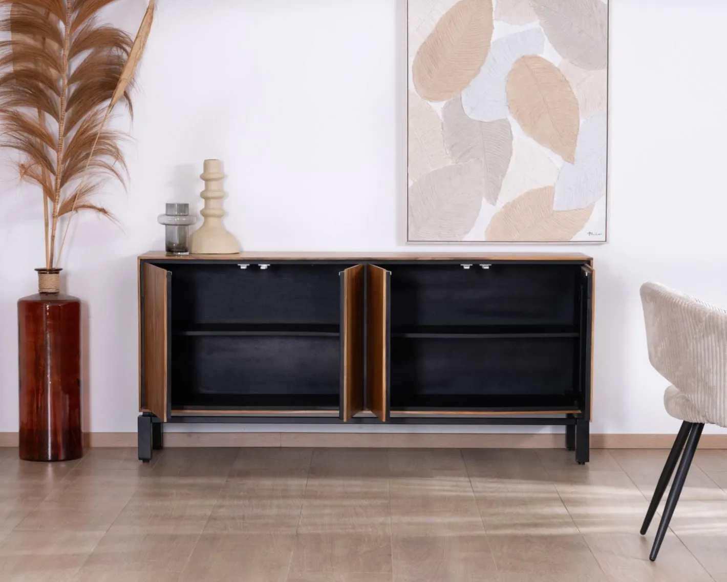 Online Enfilade contemporaine 4 portes en teck naturel et métal noir "Olonie" Buffet Et Bahut