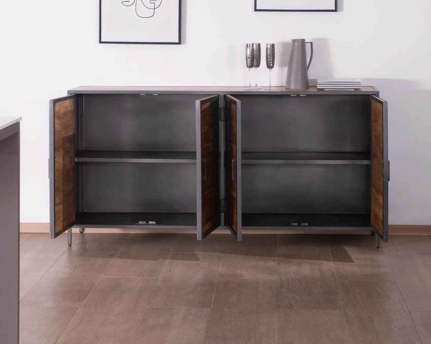 Discount Enfilade industrielle métal gris et bois de manguier "Vista" Buffet Et Bahut