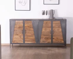 Discount Enfilade industrielle métal gris et bois de manguier