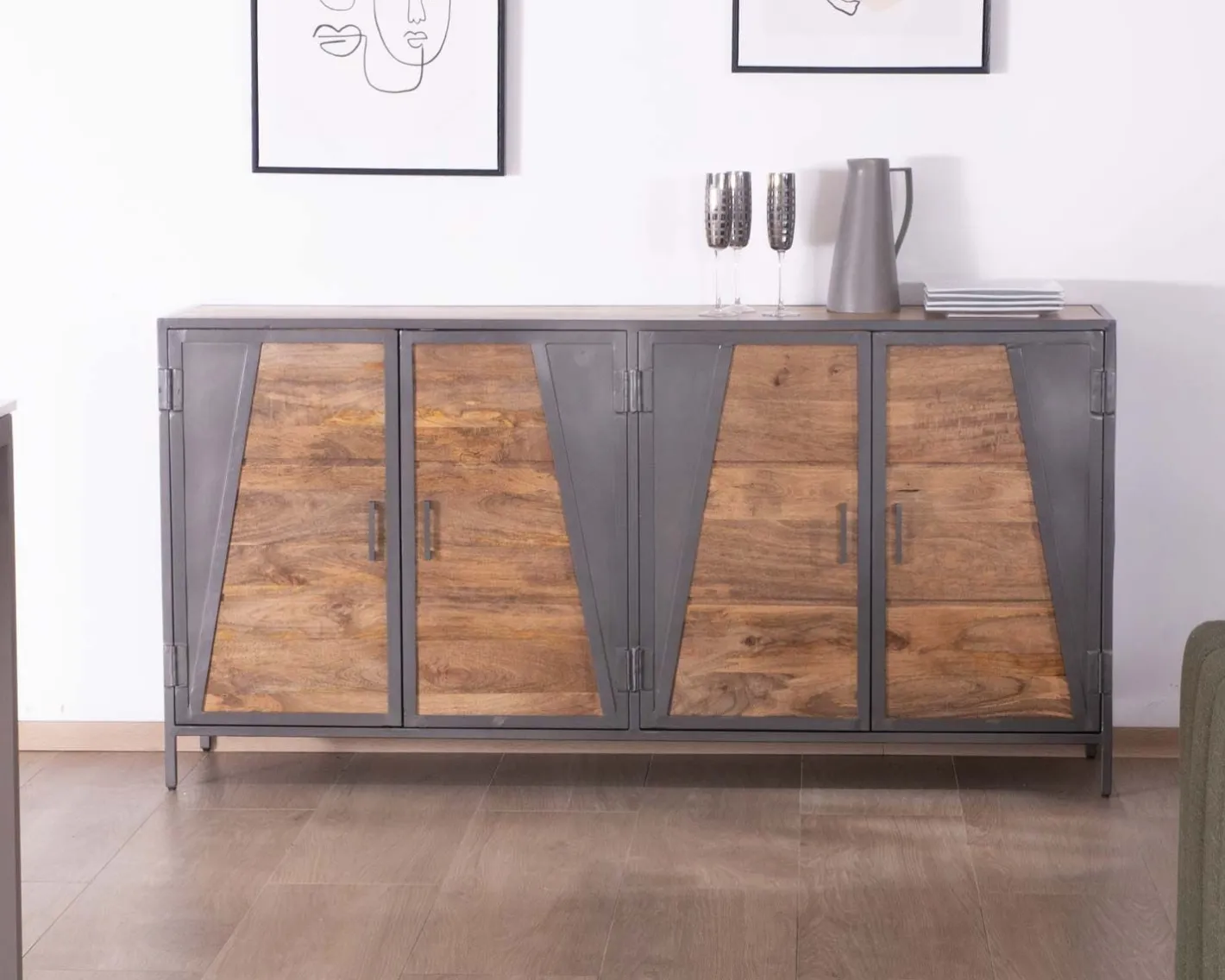 Discount Enfilade industrielle métal gris et bois de manguier "Vista" Buffet Et Bahut