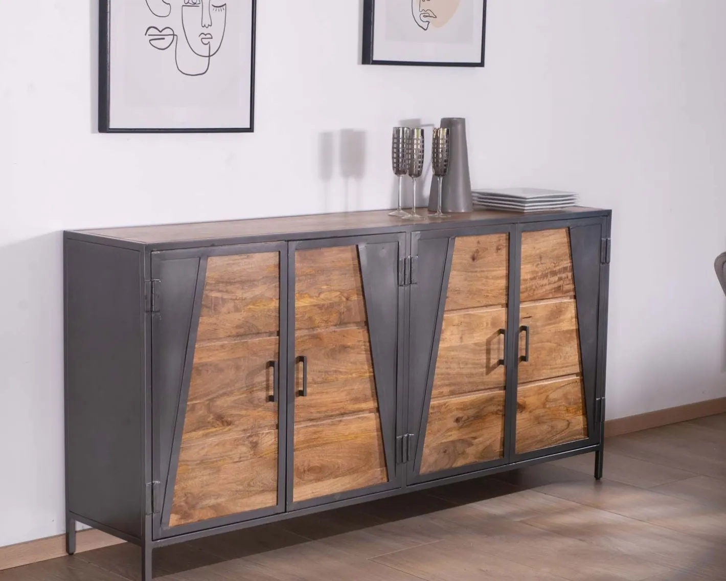 Discount Enfilade industrielle métal gris et bois de manguier "Vista" Buffet Et Bahut