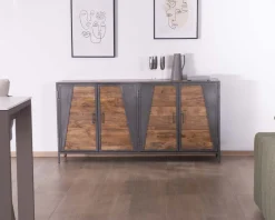 Discount Enfilade industrielle métal gris et bois de manguier