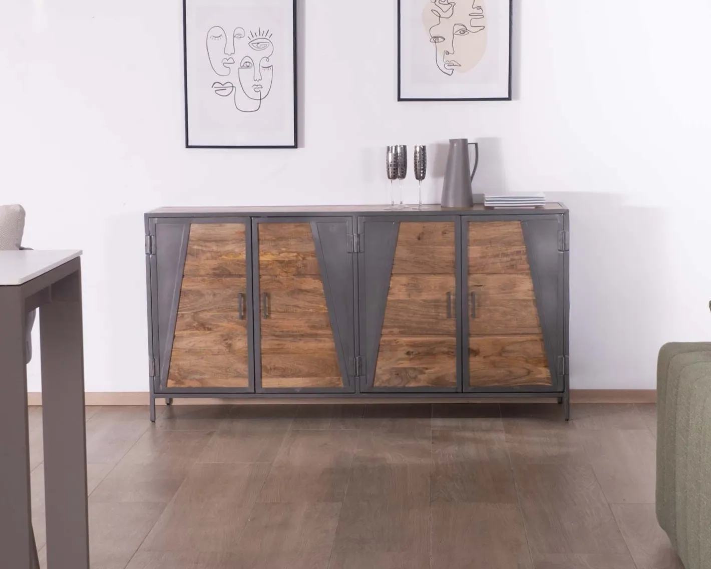 Discount Enfilade industrielle métal gris et bois de manguier "Vista" Buffet Et Bahut
