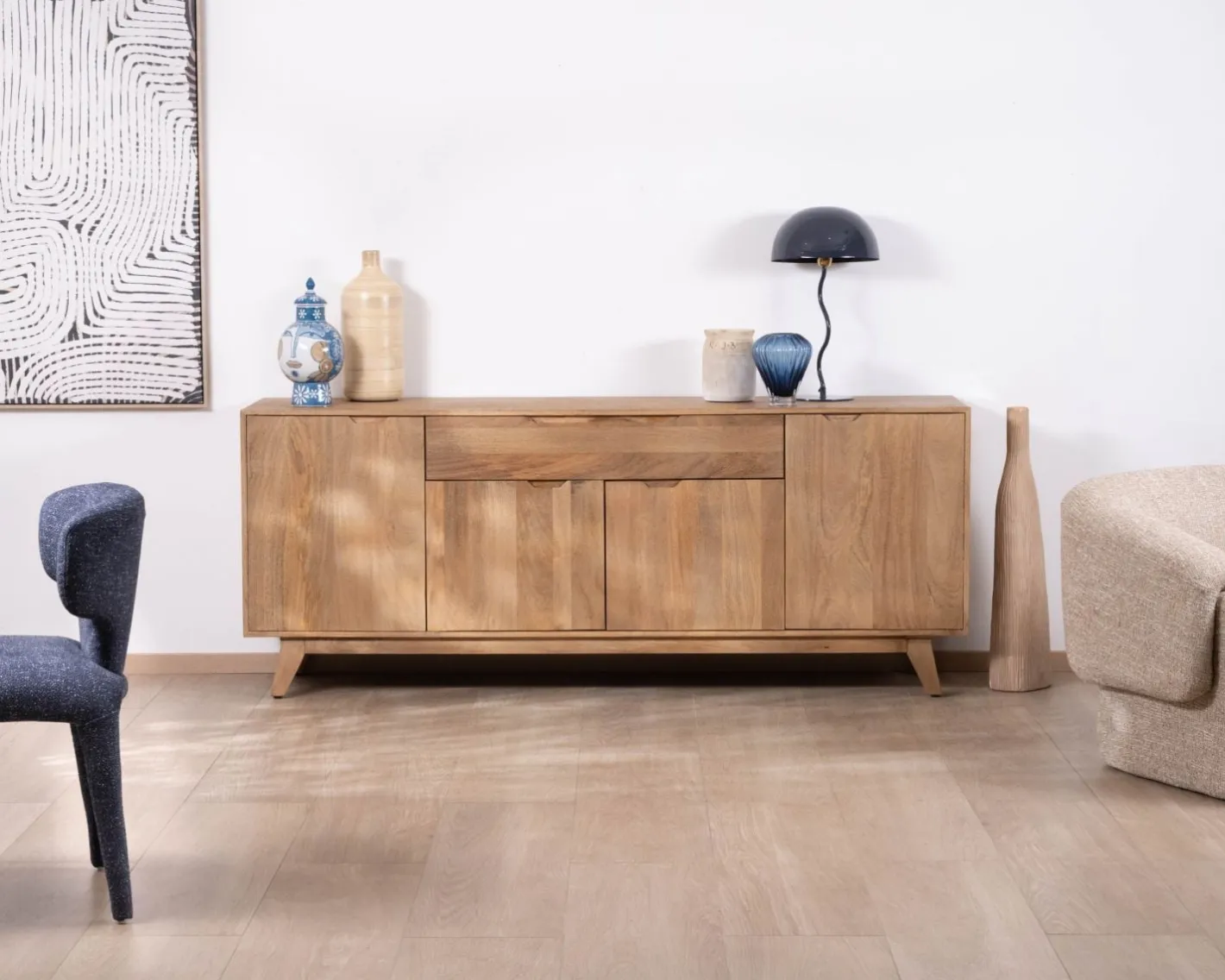 New Enfilade 4 portes 200 cm en manguier teinte noyer clair "Elyka" style scandinave Buffet Et Bahut